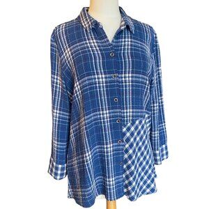 Habitat Mixed Plaid Print Gauzy Button Down Top Sz S Blue Ranch Indie Grunge
